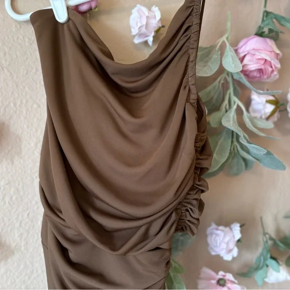 NWOT Zara Brown Asymmetric Draped Cut Out Ruched Mini Dress - Picture 3 of 7